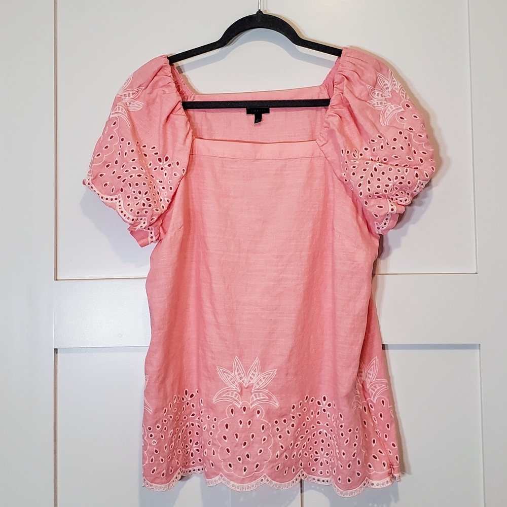 Talbots Linen & Cotton Square Neck Top Puff Sleeve Pineapple Embroidered Pink